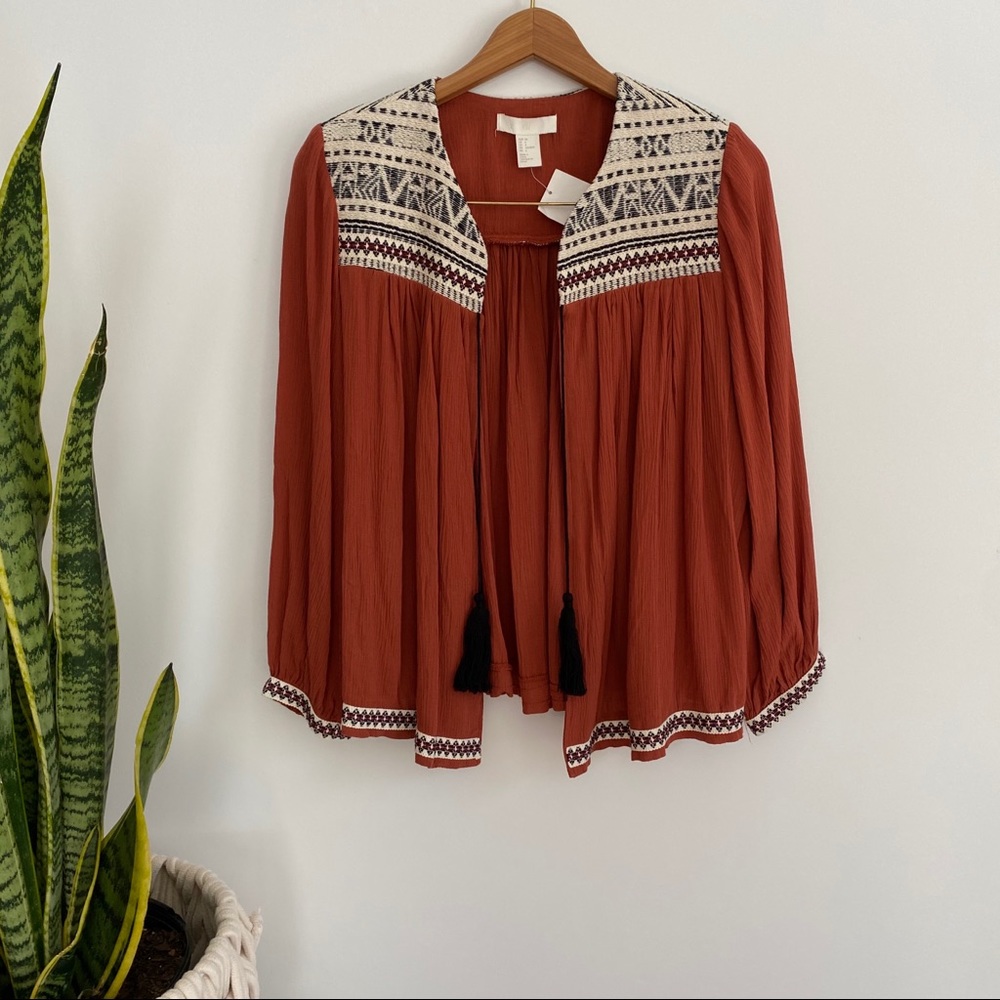 H&M Open Front Boho Swing Blouse Jacket Woven Trim